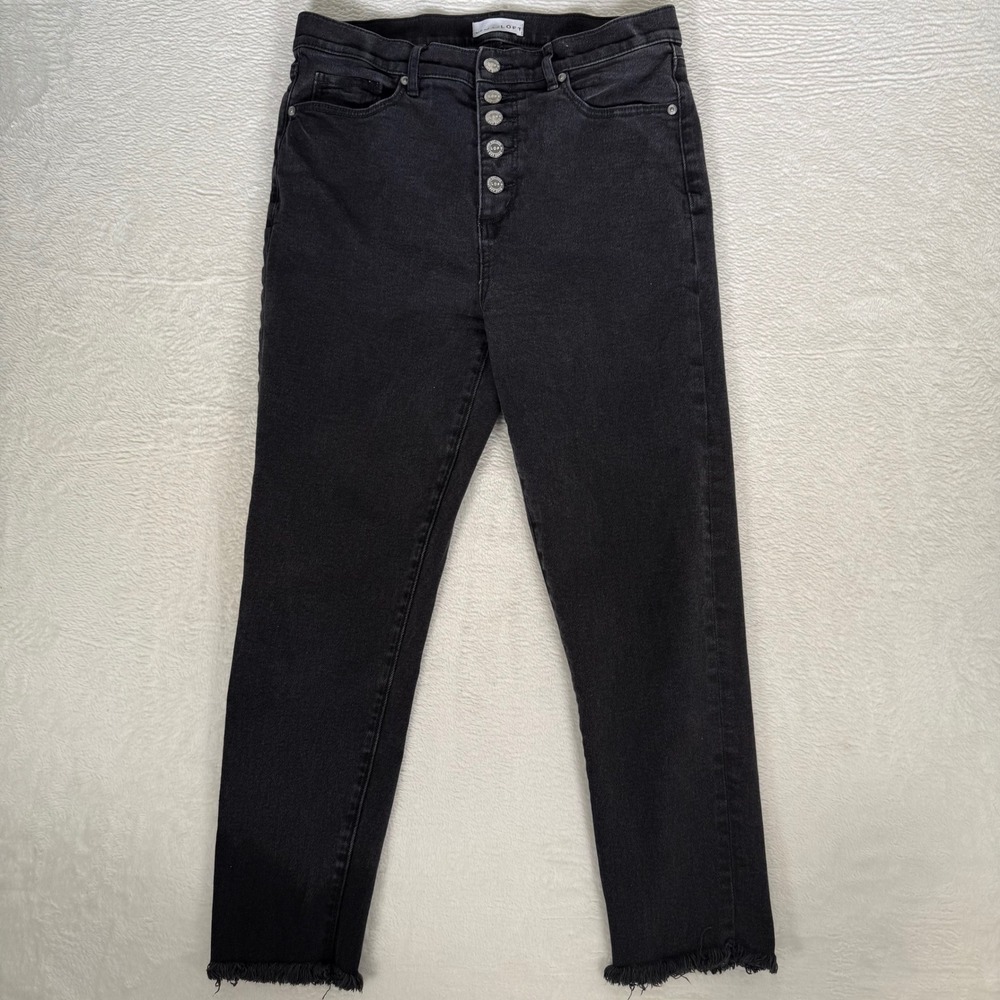 LOFT Made and Loved Jeans Womens Black Button Fly Raw Hem Crop Flare Denim Sz 29
